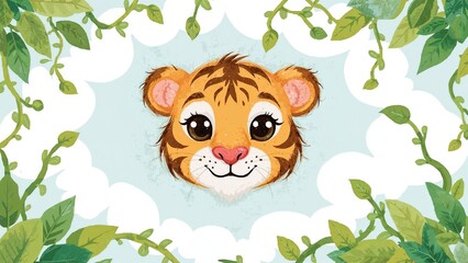 Naklejka premium A cute tiger cub peeking through foliage surrounded by green leaves and branches.