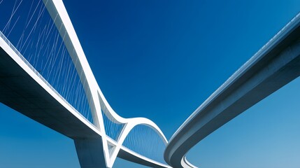 Modern architectural design of curving bridge structures against a clear blue sky