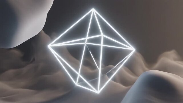 Abstract rotating glowing wireframe octahedron structure suspended among volumetric smoke and clouds, perfect for cryptocurrency explainers and futuristic technology backgrounds.