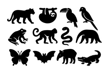 Fototapeta premium Silhouette icons of jungle animals: diverse wildlife collection for design projects