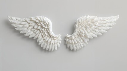 White angel wings sculpture with detailed feathers, symmetrical and mounted on a plain background. Artistic and decorative element. The concept of angels and wings.