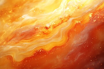 Warm golden orange liquid flows in intricate wavy patterns with bright sparkling particles