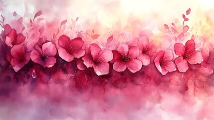 Fototapeta premium Watercolor banner featuring a beautiful horizontal row of large pink flowers with soft petals and gentle hues