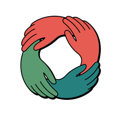 Four hands in red and green colors form a circle of unity and collaboration, symbolizing teamwork and connection.