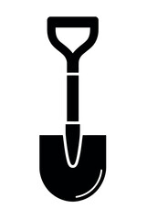 A simple black silhouette of a shovel isolated on a white background represents a gardening or construction tool.