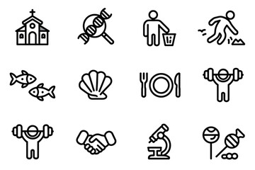 A grid of twelve distinct icons representing various themes like religion, science, health, and leisure, arranged in a 3x4 layout.