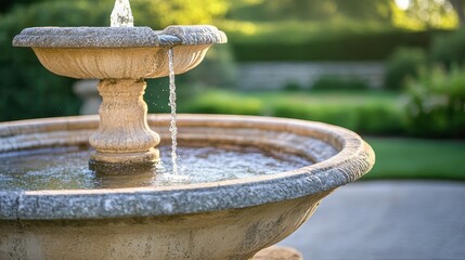 Elegant stone fountain with intricate carved details and water flowing into its basin in a lush garden setting
