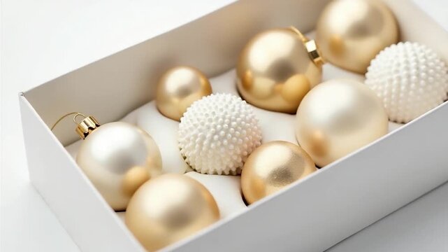 Video A decorative box filled with golden and white ornaments