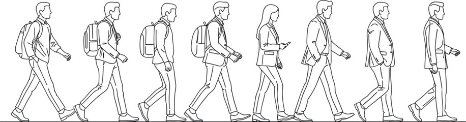 Business people walking line art illustration, office workers and professionals with backpacks minimal vector design for lifestyle, teamwork and corporate concepts
