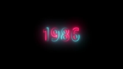 Neon year 1986 in cyan and red on black background glowing light