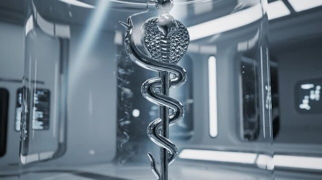 Shiny chrome rod of asclepius symbol in a futuristic medical setting
