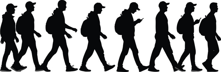 Group of eight male students or young travelers walking silhouettes with backpacks, vector illustration of youth isolated on white
