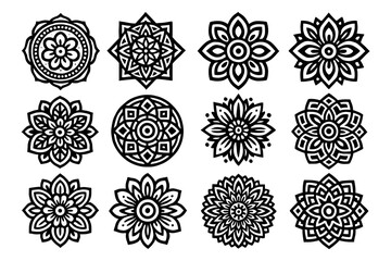 Set of twelve ornamental mandala designs in black and white line art style