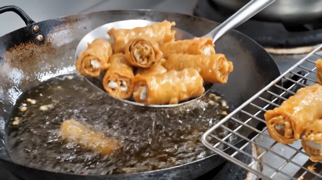 Frying Spring Rolls in a Wok, Deep Frying in Oil