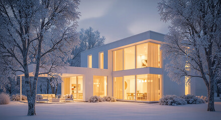 Exterior of modern home in winter, showcasing snowy landscape and architectural design, representing serene, upscale living, and winter ambience