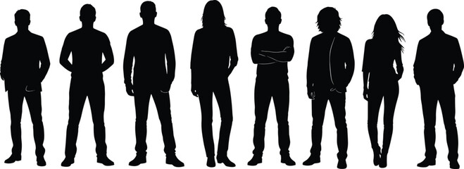 Group of people silhouettes, men and women standing together, modern casual outfit, black vector illustration for creative design and art