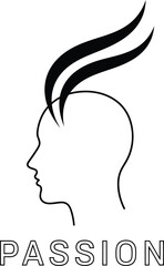 Human head profile illustration with abstract rising flame shapes, symbolizing passion, innovation, and creative thought process on white.
