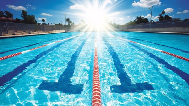 close-up of a lane rope floating gently on the surface of the 50-meter swimming pool. The open air setting and overhead bright blue sky are reflected intensely in the ripples. The visual emphasizes 