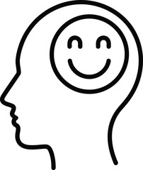 Happy mind concept, outline of human head with smiling emoji, symbolizing positive thinking, mental well-being, and joy.