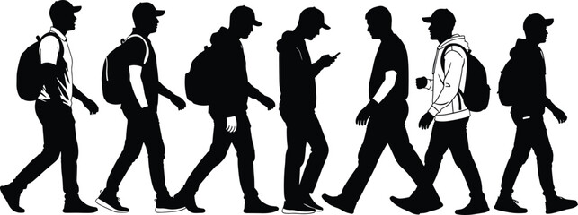 Group of walking young men silhouettes with backpacks, male students or travelers vector illustration figures isolated on white background