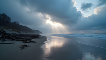 Moody Coastal Beach at Dusk — Driftwood on Reflective Wet Sand, Crepuscular Sunrays, Bare Winter Trees | Panoramic Copy Space for Mindfulness/Wellness