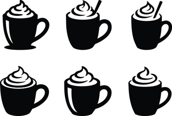 Obraz premium Set of Minimalist black hot chocolate mug with whipped cream silhouette vector icon