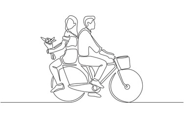 Continuous one line drawing of couple riding bicycle together while girlfriend sitting at back holding bouquet, romance, companionship, shared moment concept, single line art.