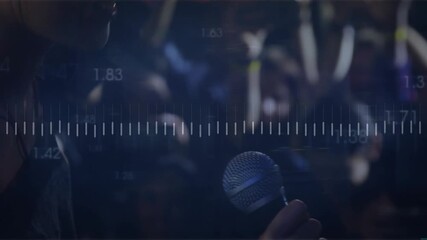 Mic entering, performer turning and singing during concert, waveform tracking vocals and phones