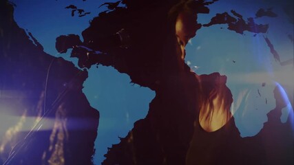 Woman musician performing keyboard leaning to mic, pressing keys initiating animated map projection - Powered by Adobe