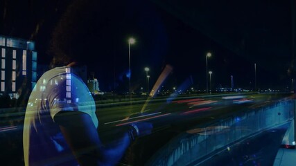 Man raising sticks, tapping railing, making beat over glass reflection and light trails for music - Powered by Adobe