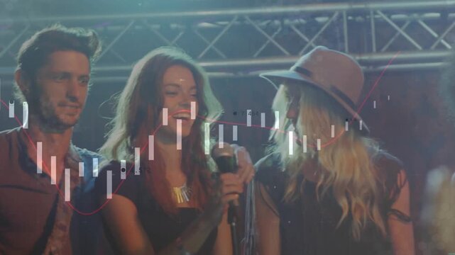 Music band onstage lifting tambourine handing mic to lead singer celebrating, audio bars appearing