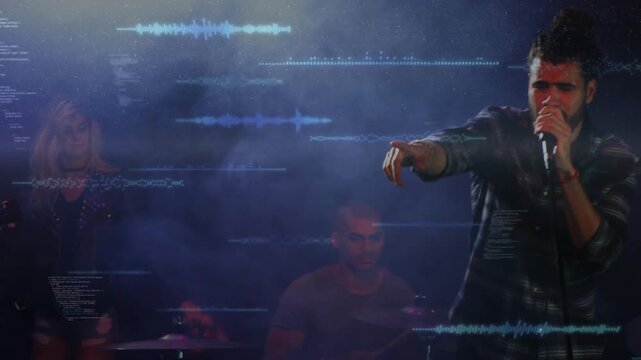 Lead singer stepping right, grabbing mic and singing, delivering peak while waveform circling him