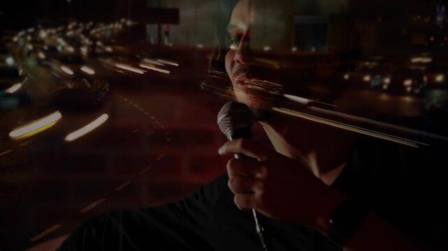 Light shift sparking singer lowering mic and gesturing during song, streaks overlaying performer