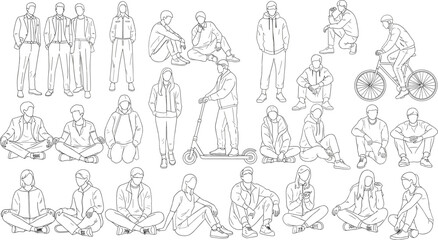 Line art vector illustration of modern people sitting, walking, cycling, and riding scooter, casual street style lifestyle design