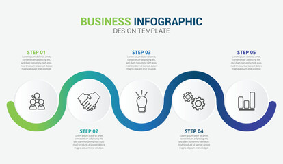 Modern business infographic template with colorful wavy line and icons representing steps and growth