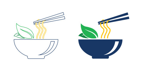 Minimal line art illustration of noodle bowl with chopsticks and fresh leaves in two style variations, representing healthy Asian food and organic cuisine