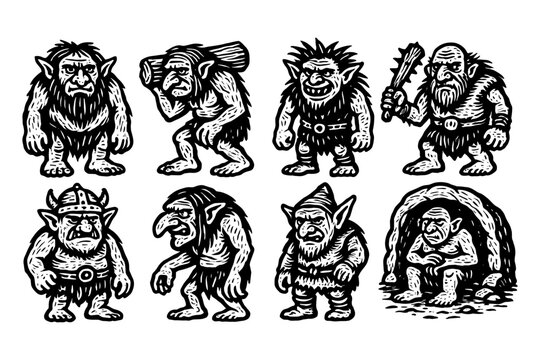Vintage troll characters in black and white: unique monstrous figures and creatures