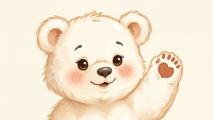 A cute baby bear waving with a friendly expression, featuring big eyes, a small nose, and rosy cheeks.