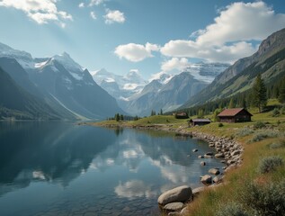 Alpine mountain cabins by a serene mountain lake