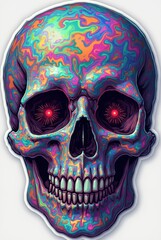 Psychedelic skull sticker with glowing eyes and vibrant colors