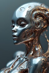 Liquid metal AI goddess evolving futuristic cyborg form