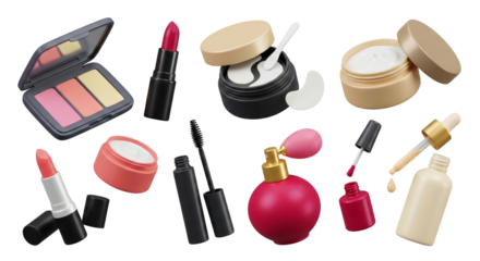 Elegant cosmetic product assortment on isolated transparent backdrop showcases beauty essentials