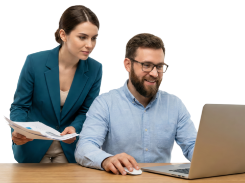 Collaborative business professionals analyzing data and planning strategy on laptop, isolated