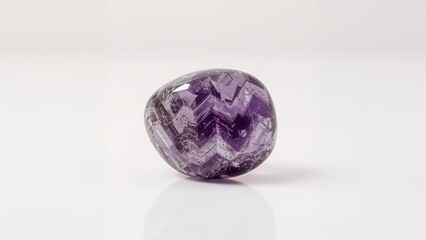 Purple gemstone crystal with a zigzag pattern on a white background. Natural mineral. Decorative stone. Healing crystal. gemstone and mineral photography.