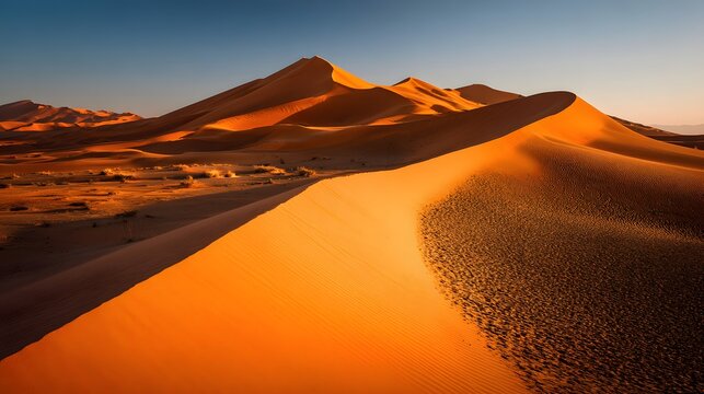 Vast orange sand dunes undulate across an arid landscape under a clear blue sky