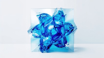 Blue abstract art sculpture in a transparent glass box. Modern decorative object. Artistic design and contemporary style. The concept of innovative artistic expression.
