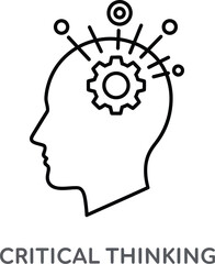 Critical thinking concept icon: human head, gear, radiating ideas. logic, analysis, innovation, problem-solving, intelligence, and strategy.