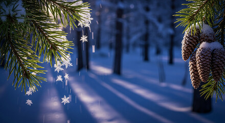 Image of fir branches with cones covered with snow, snowflakes falling, in forest, representing winter landscape, tranquility, Christmas, holiday spirit