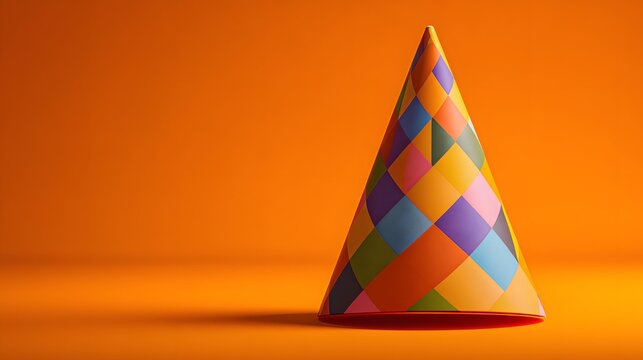 Single colorful geometric patterned cone sits centered on a vibrant orange  background
