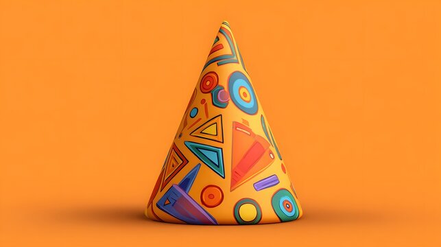 Brightly colored conical object with abstract geometric patterns rests against an orange background - Powered by Adobe